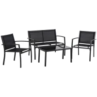 Outsunny Salon de jardin extérieur 4 pièces avec canapé 2 places, 2 chaises et table basse en verre trempé, coussins inclus, noir(m-12)