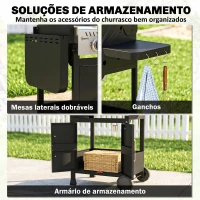 Outsunny Barbecue a Gás Portátil com 3 Queimadores 7,5 kW Termómetro Mesas Laterais Dobráveis Armário Grelha Aquecedora Chapa 125x57x110 cm Preto(m-7)