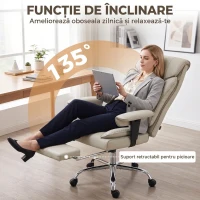 HOMCOM Scaun de Birou Rotativ Rabatabil 135°, Piele Ecologică, Suport pentru Picioare, Cotiere și Înălțime Reglabile, Gri Deschis(m-7)