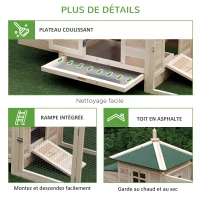 PawHut Poulailler cottage multi-équipement perchoir rampe pondoir enclos tiroir à déjection 196L x 76l x 97H cm bois massif pin(m-7)