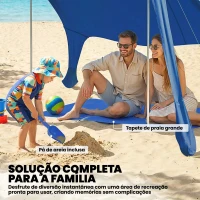 Outsunny Tenda de Praia Dobrável com Esteira UPF50+ Postes de Alumínio Pá Estacas e Bolsa de Transporte 208x200 cm Azul(m-5)