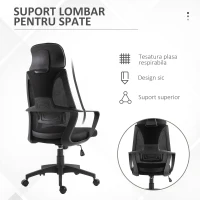 Vinsetto Scaun de Birou Rabatabil cu Tetieră și Suport Lombar, din Poliester, 64x55x116-126 cm, Negru(m-6)