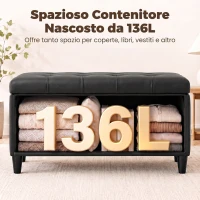 HOMCOM Panca Contenitore Imbottita 136L in Finta Pelle, 110x41x42 cm, Nero(m-5)