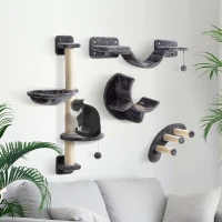 PawHut Kletterwand Katzen 4-teilig Katzen Kletterwand Set mit Hängematte, Katzenbrücke bis zu 5 kg, Dunkelgrau(m-10)