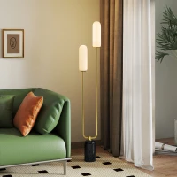 HOMCOM Lampadar în formă de U cu 2 Lumini și Întrerupător de Picior, Lampă de Podea din Sticlă și Oțel cu Bază de Marmură, 26x12x150 cm, Alb Negru și Auriu(m-10)