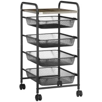 HOMCOM Rollwagen mit 4 Körben, Küchenwagen, 4 Räder mit 2 Bremsen, Allzweckwagen, Schwarz, 41,5 x 31 x 66 cm(m-1)