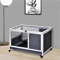 PawHut Clapier lapin intérieur, cage à lapins avec toit ouvrant, roulettes, plateau amovible et rampe, cage en bois, 90 x 53 x 59 cm, gris foncé et blanc(m-10)