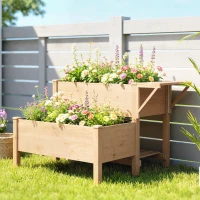 Outsunny Hochbeet 2-stufig erhöhter Pflanzkasten mit Vliesstoff Abflussloch, Holz 119,5 x 102 x 76,5 cm Hellbraun(m-2)