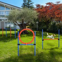 PawHut Agility Set Hunde, 3-teiliges Agility Ausrüstung mit Hürden, Slalomstangen, Springring, Aufbewahrungstasche, Steckhürdenset für Hundetraining, Trainingsset für Hunde Blau+Rot(m-10)