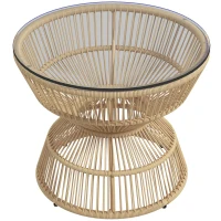 Outsunny Outdoor-Beistelltisch Gartentisch Rattan-Beistelltisch, Glasplatte, PE-Rattan, 60 cm x 60 cm x 50 cm, Natur(m-1)