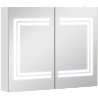 kleankin Oglindă Baie cu Dulap și LED, 80 x 65cm, Ușă Soft Close, Reglabilă pe 3 Culori, Rafturi Ajustabile, Alb Lucios(m-1)