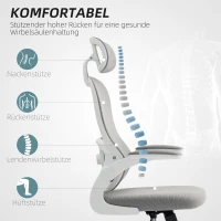 HOMCOM Ergonomischer Bürostuhl mit Netzstoff-Rückenlehne, höhenverstellbar, klappbare Armlehnen, 5 Rollen, Wippfunktion, Grau(m-4)