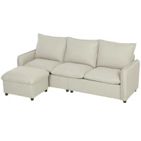 HOMCOM Canapé 3 places avec pouf de rangement, canapé d'angle modulable 212 cm, coussins à ressorts, tissu en lin, crème(m-13)