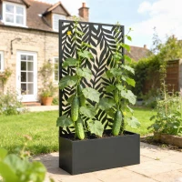 Outsunny Blumenkasten mit Sichtschutz Pflanzkasten mit Rankgitter tropischen Blattmotiven 61 x 23 x 113 cm Schwarz(m-2)