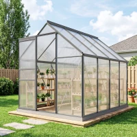 Outsunny Serre de jardin en polycarbonate 4,8 m²avec fondation, lucarne réglable, porte coulissante 1,9x2,53x1,99m transparent(m-2)