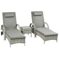 Outsunny Sonnenliege 3er-Set verstellbar Gartenliege Set mit Tisch Gartenmöbel aus Polyrattan Grau(m-10)