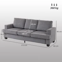 HOMCOM Sofá de 3 Lugares Sofá Sala de Estar 213x80x90 cm Estofado em Chenille Estrutura de Aço e Desenho Moderno Cinzento(m-3)