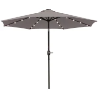 Outsunny Umbrelă de Grădină Reglabilă Ø265 cm cu 32 Lumini LED Solare și Manivelă, Umbrelă de Exterior cu 8 Bare de Sprijin, din Oțel, Poliester, pentru Terasă, Curte, Balcon, Gri(m-12)