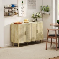 HOMCOM Aparador de Sala de Estar com 4 Portas com Rede em Vime e Prateleiras Ajustáveis Aparador para Cozinha 120x39,5x76 cm Madeira(m-11)