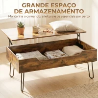 HOMCOM Mesa de Centro com Tampo Elevatório e Compartimento Oculto Pés de Aço 95x50x40 cm Castanho Rústico(m-5)