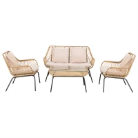 Outsunny Sitzgruppe, Outdoor Sitzgarnitur, Gartenmöbel Set mit Beistelltisch, Metall, Rattan, Beige, 118 x 69 x 73 cm(m-1)