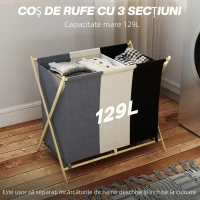 HOMCOM Coș de Rufe Pliabil cu 3 Compartimente, din Bambus și Material cu Efect de In, 75x48x67 cm, Multicolor(m-4)