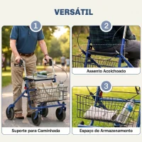 HOMCOM Andarilho Dobrável para Idosos com Assento 4 Rodas Altura Ajustável Travões de Mão Cesto Suporte de Bengala, Azul(m-4)