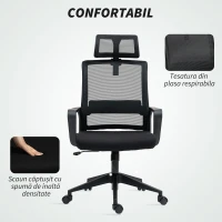 HOMCOM Scaun de birou ergonomic cu tetieră și înălțime reglabilă, funcție de balansare și roți, negru(m-7)