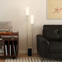 HOMCOM Lampadar în formă de U cu 2 Lumini și Întrerupător de Picior, Lampă de Podea din Sticlă și Oțel cu Bază de Marmură, 26x12x150 cm, Alb Negru și Auriu(m-9)