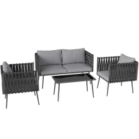 Outsunny Gartenmöbel Set 4 Personen wetterfest Balkonmöbel-Set mit 2er Sofa, Sessel Glastisch Sitzkissen Hellgrau(m-1)