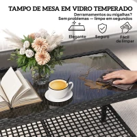 Outsunny Mesa de Centro de Jardim em Ratã com Prateleira e Tampo de Vidro Temperado, Estrutura de Aço, 92x50x45 cm, Preto(m-6)