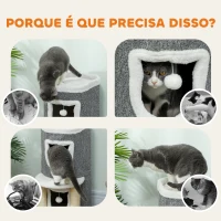 PawHut Arranhador para Gatos com Cama 2 Cavernas Postes de Sisal Tapete de Arranhar e Bolas para Brincar 50x36x76 cm Cinzento(m-8)