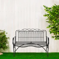 Outsunny Banco de Jardim de 2 Lugares 110x60x97cm Banco de Exterior de Metal com Encosto Decorativo e Apoio para os Braços para Terraço Balção 200kg Preto(m-10)