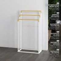 kleankin Suport independent pentru prosoape cu 3 bare din bambus și oțel, 45x22,5x86 cm, alb și culoarea lemnului(m-7)