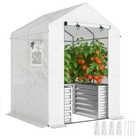 Outsunny Tomatengewächshaus Foliengewächshaus mit Hochbeet Rolltor Fenster Schrägdach 141 x 141 x 190 cm Weiß(m-12)