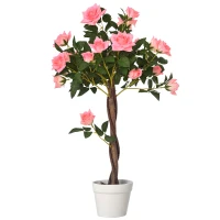 Outsunny Plantă Artificială de Trandafir cu 21 de Flori, cu Ghiveci din Ciment și Mușchi, Ø18x90 cm, Roz(m-11)