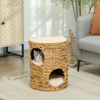 PawHut Kratztonne, 50 cm, 2 Höhlen, Kissen, Kratzbaum mit Katzenbett, Katzenturm aus Wasserhyazinthe, Hellbraun(m-10)