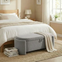 HOMCOM Puff de Armazenamento Banco Ovalado 129x48,5x44 cm Estofado em Tecido Teddy Capacidade 200 kg Cinzento Claro(m-2)
