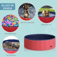 PawHut Hundebadewanne faltbar Hundepool Schwimmbecken Swimmingpool Plantschbecken Badewanne für Hunde & Katzen Wasserbecken aus Kunststoff, Holz Ø100 x H30 cm Rot(m-7)