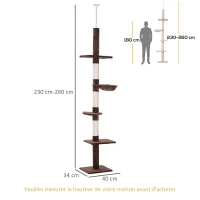 PawHut Arbre chat du sol au plafond poteau à griffer L40 x l 34 x H 230-260 cm 5 niveaux d'activités marron(m-3)