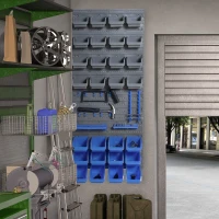 DURHAND Estantería de Pared para Herramientas 54x95 cm con 28 Cajas Apilables y Diferentes Ganchos Gris y Azul(m-10)
