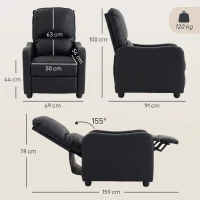 HOMCOM Fotoliu Relax Reclinabil Manual 155° cu Suport pentru Picioare, din Piele Ecologică PU, pentru Living și Dormitor, 69x91x100 cm, Negru(m-3)