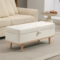 HOMCOM Bancă de Depozitare de 80L Tapițată cu Material Textil și Picioare din Lemn, 118x42x45 cm, Crem(m-2)
