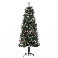 HOMCOM Árvore de Natal Artificial 150cm Ignífugo com 360 Ramos 38 Bagas Folhas de PVC Base Dobrável e Suporte Metálico Verde(m-1)