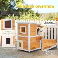 PawHut Casa para Gatos Exterior em Madeira 2 Níveis com Telhado Basculante Painel Central Removível  51x51x81,3 cm Madeira(m-6)