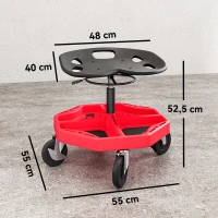 HOMCOM Banco de Oficina Móvel com Bandeja Magnética Altura Ajustável de 52–59,5 cm Carga 135 kg Banco para Mecânico com Rodas para Garagem Reparação de Automóveis Vermelho(m-3)