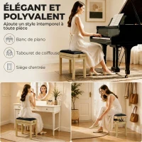 HOMCOM Banc de Piano, Tabouret Piano Réglable en Hauteur 45-56 cm, Banc de Clavier, Siège Rembourré en Velours, Bois Naturel(m-7)