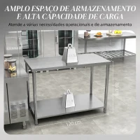 HOMCOM Mesa de Trabalho em Aço Inoxidável com 2 Prateleiras para Cozinha Garagem e Oficina até 100 kg 120x60x86 cm Prata(m-4)