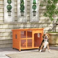 PawHut Casa para Cães de Exterior para Cães Pequenos Médios com Teto Asfáltico 2 Janelas Porta com Cortina Transparente e Base Amovível 90x62x71 cm Madeira(m-10)