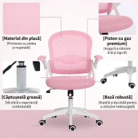 Vinsetto Scaun de birou ergonomic și reglabil cu spătar din plasă și șezut căptușit, 65.5x61.5x88-97.5 cm, roz(m-8)
